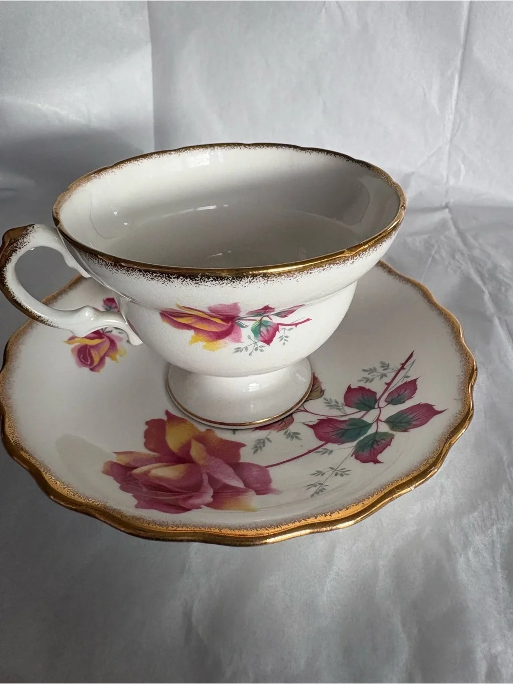 Rosina White Teacup & Saucer With Multi-color  Floral Gold Trim England Bone